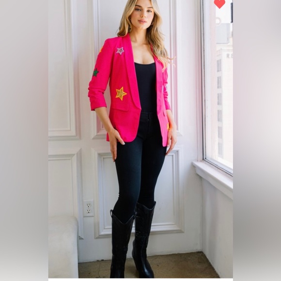 Private Label Jackets & Blazers - B126🌸Stunning sequin star hot pink blazer w/3/4 ruched sleeves-classy+ sassy!🌸